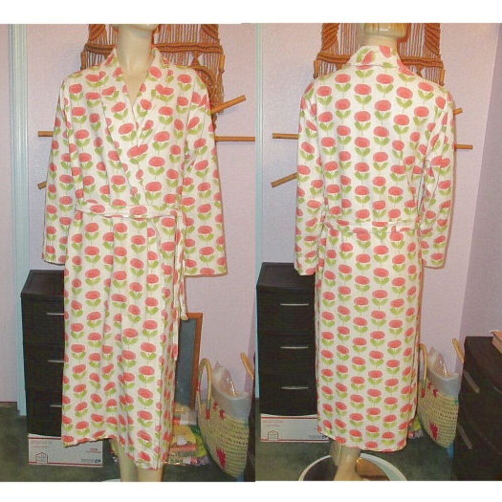 Garnet Hill Organic Cotton Heritage Flannel Robe Size S Floral Pockets Farmhouse